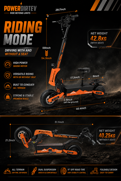 Arwibon 5600W Adult Electric Scooter Dual Motor Top Speed 46MPH,60V27AH, 11-inch Off-Road Tires Sport Folding eScooter