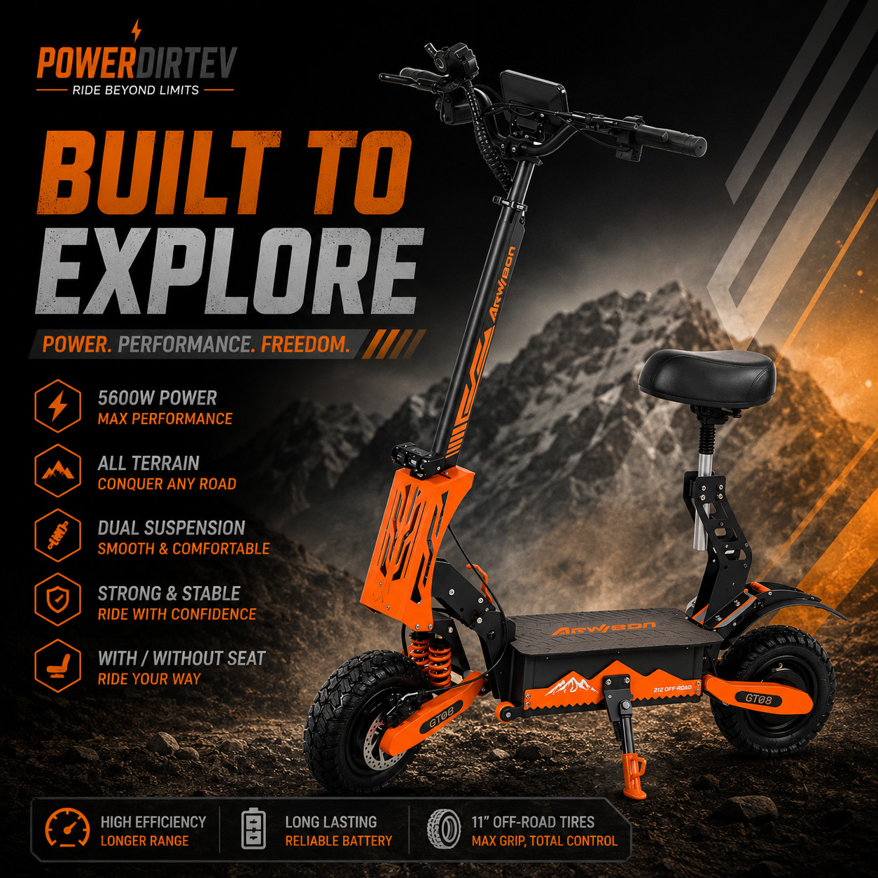 Arwibon 5600W Adult Electric Scooter Dual Motor Top Speed 46MPH,60V27AH, 11-inch Off-Road Tires Sport Folding eScooter